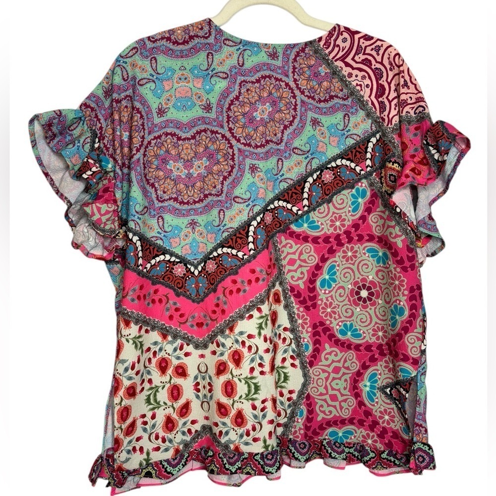 Umgee Boho Multiprint Patchwork Short Sleeve Top … - image 5